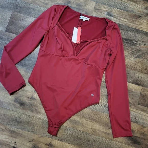 Popilush Women's Longsleeve Red V Neck Shapewear Tummy Control Bodysuit Size XXL - Picture 6 of 10